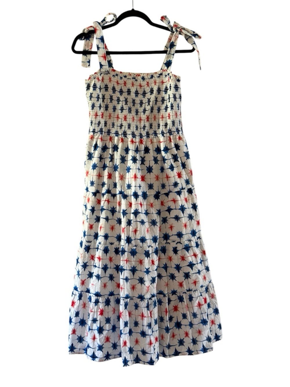 J. Crew White Midi Dress with Navy and Red Star Print